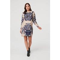 Izabel London Women's Baroque Print Short Jumper Dress in Beige | Size: Small