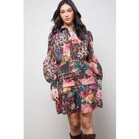 Oasis Women's Long Sleeve Button Up Collar Detail Mini Dress in Animal | Size: 12