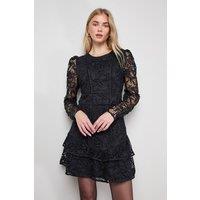 Oasis Women's Lace Trim Detail Tiered Fluted Sleeve Mini Dress in Black | Size: 10