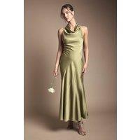 Oasis Women's Petite Cowl Halterneck Satin Maxi Bridesmaid Dress in Olive | Size: 14