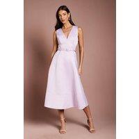 Coast Women's V Neck Structured Satin Belted Midi Dress in Lilac | Size: 16