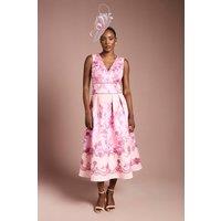 Coast Women's V Neck Structured Satin Placement Print Midi Dress in Coral | Size: 14