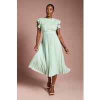 Coast Women's Flutter Sleeve Lace Top Pleated Skirt Midi Dress in Sage | Size: 16