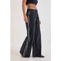NastyGal Women's Denim Diamonte Tassel Straight Leg Jeans in Washed Black | Size: 6
