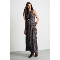 Warehouse Women's Printed Dropped Waist Chiffon Tiered Maxi Dress in Brown | Size: 10