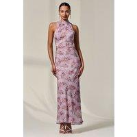 Jolie Moi Women's Chiffon Halter Neck Maxi Dress in Light Red | Size: 14