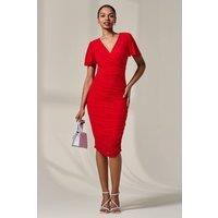 Jolie Moi Women's Ruched Mesh Bodycon Dress in Red | Size: 12