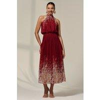 Jolie Moi Women's Pleated Halterneck Maxi Dress in Dark Red | Size: 16