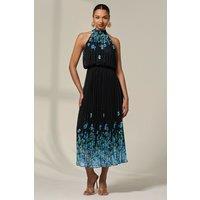 Jolie Moi Women's Pleated Halterneck Maxi Dress in Mid Blue | Size: 12