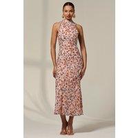 Jolie Moi Women's Chiffon Halterneck Printed Midaxi Dress in Pale Orange | Size: 18