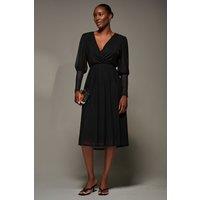 Jolie Moi Women's Mesh Long Puff Sleeve Wrap Midi Dress in Black | Size: 8