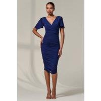 Jolie Moi Women's Ruched Mesh Bodycon Dress in Navy | Size: 12