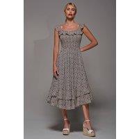 Jolie Moi Women's Shirred Ruffle Sleeve Tiered Midi Dress in Navy | Size: 10