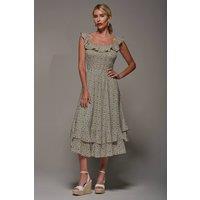 Jolie Moi Women's Shirred Ruffle Sleeve Tiered Midi Dress in Green | Size: 14