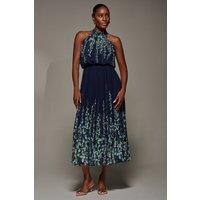 Jolie Moi Women's Mirrored Chiffon Pleated Halter Neck Max in Navy | Size: 12