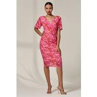 Jolie Moi Women's Angel Sleeved Floral Mesh Bodycon Dress in Pink | Size: 18