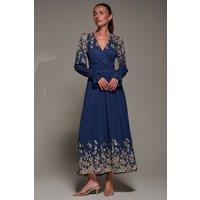 Jolie Moi Women's Mirrored Print Long Sleeve Mesh Maxi Dress in Navy | Size: 8