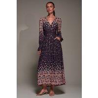 Jolie Moi Women's Mirrored Print Long Sleeve Mesh Maxi Dress in Purple | Size: 18