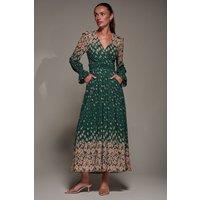 Jolie Moi Women's Mirrored Print Long Sleeve Mesh Maxi Dress in Green | Size: 14