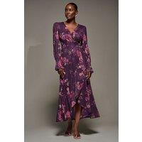 Jolie Moi Women's Long Sleeve Frill Hem Mesh Maxi Dress in Purple | Size: 16