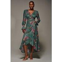 Jolie Moi Women's Long Sleeve Frill Hem Mesh Maxi Dress in Green | Size: 16