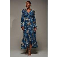 Jolie Moi Women's Long Sleeve Frill Hem Mesh Maxi Dress in Navy | Size: 14