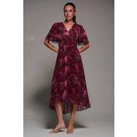 Jolie Moi Women's Angel Sleeve Pleated Chiffon Midaxi Dress in Burgundy | Size: 16