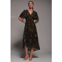 Jolie Moi Women's Angel Sleeve Pleated Chiffon Midaxi Dress in Brown | Size: 14