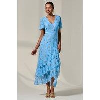 Jolie Moi Women's Ruffle Hem Floral Mesh Midaxi Dress in Blue | Size: 14