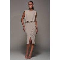 Jolie Moi Women's Draped Wrap Bodycon Midi Dress in Taupe | Size: 16