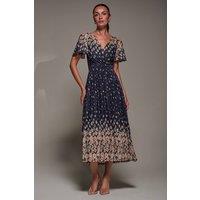 Jolie Moi Women's Mirrored Mesh Short Sleeve Midaxi Dress in Navy | Size: 18