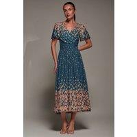 Jolie Moi Women's Mirrored Mesh Short Sleeve Midaxi Dress in Teal | Size: 16