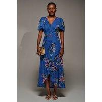 Jolie Moi Women's Angel Sleeve Mesh Frill Wrap Maxi Dress in Royal | Size: 10