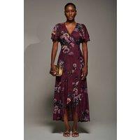 Jolie Moi Women's Angel Sleeve Mesh Frill Wrap Maxi Dress in Burgundy | Size: 10