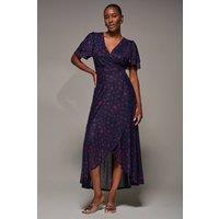 Jolie Moi Women's Angel Sleeve Mesh Frill Wrap Maxi Dress in Navy | Size: 8