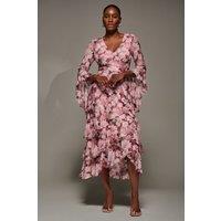 Jolie Moi Women's Mesh Ruffle Sleeve Tiered Midaxi Dress in Pink | Size: 10