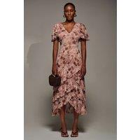 Jolie Moi Women's Angel Sleeve Ruffle Hem Mesh Midaxi Dress in Pink | Size: 14