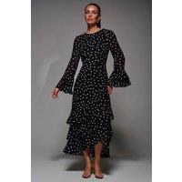 Jolie Moi Women's Ruffled Long Sleeve Tiered Chiffon Midaxi Dress in Black | Size: 10