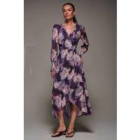Jolie Moi Women's Ruffle Cuffed Sleeve Frill Mesh Maxi Dress in Purple | Size: 18