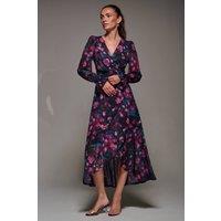 Jolie Moi Women's Ruffle Cuffed Sleeve Frill Mesh Maxi Dress in Navy | Size: 18