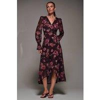 Jolie Moi Women's Ruffle Cuffed Sleeve Frill Mesh Maxi Dress in Burgundy | Size: 10