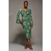 Jolie Moi Women's Frill Sleeve Pleated Wrap Midi Dress in Green | Size: 14