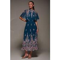 Jolie Moi Women's High Neck Short Sleeve Pleated Chiffon Dress in Teal | Size: 14