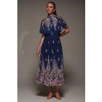 Jolie Moi Women's High Neck Short Sleeve Pleated Chiffon Dress in Navy | Size: 16