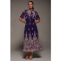 Jolie Moi Women's High Neck Short Sleeve Pleated Chiffon Dress in Purple | Size: 14