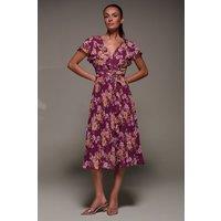 Jolie Moi Women's Printed Ruffle Detail Pleated Chiffon Midi Dress in Fuchsia | Size: 16