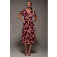 Jolie Moi Women's Printed Ruffle Detail Pleated Chiffon Midi Dress in Burgundy | Size: 14