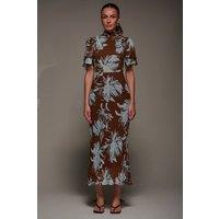 Jolie Moi Women's High Neck Angel Sleeve Chiffon Maxi Dres in Brown | Size: 10
