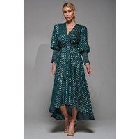 Jolie Moi Women's Puff Sleeve Metalic Spot Print Dip Hem Midi Dress in Dark Green | Size: 12