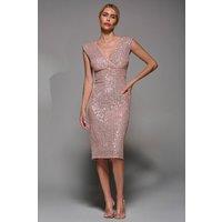 Jolie Moi Women's Sequin Wrap Bodice Shoulder Pad Midi Dress in Pink | Size: 12